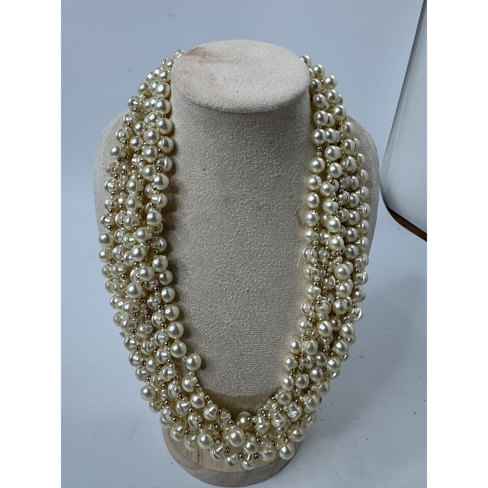 Vintage Multi Strand Faux Pearl Statement Necklace Gold Tone Spacer Beads White
